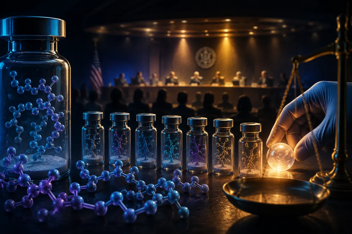 Vials of coloured peptide chains line up as a gloved hand sets a glowing sphere on a brass scale before a hearing panel.
