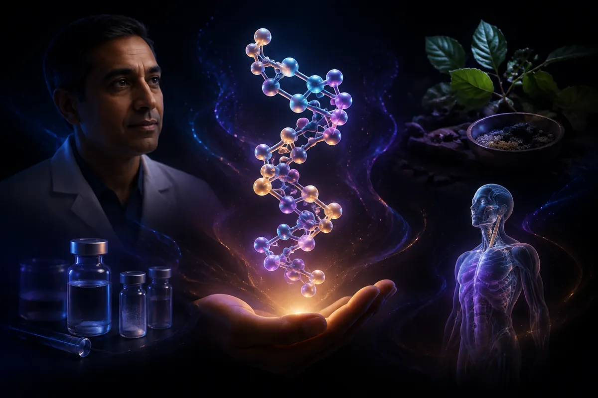 A lab-coated clinician, a glowing peptide chain rising from an open palm, vials and a syringe, and a luminous body.